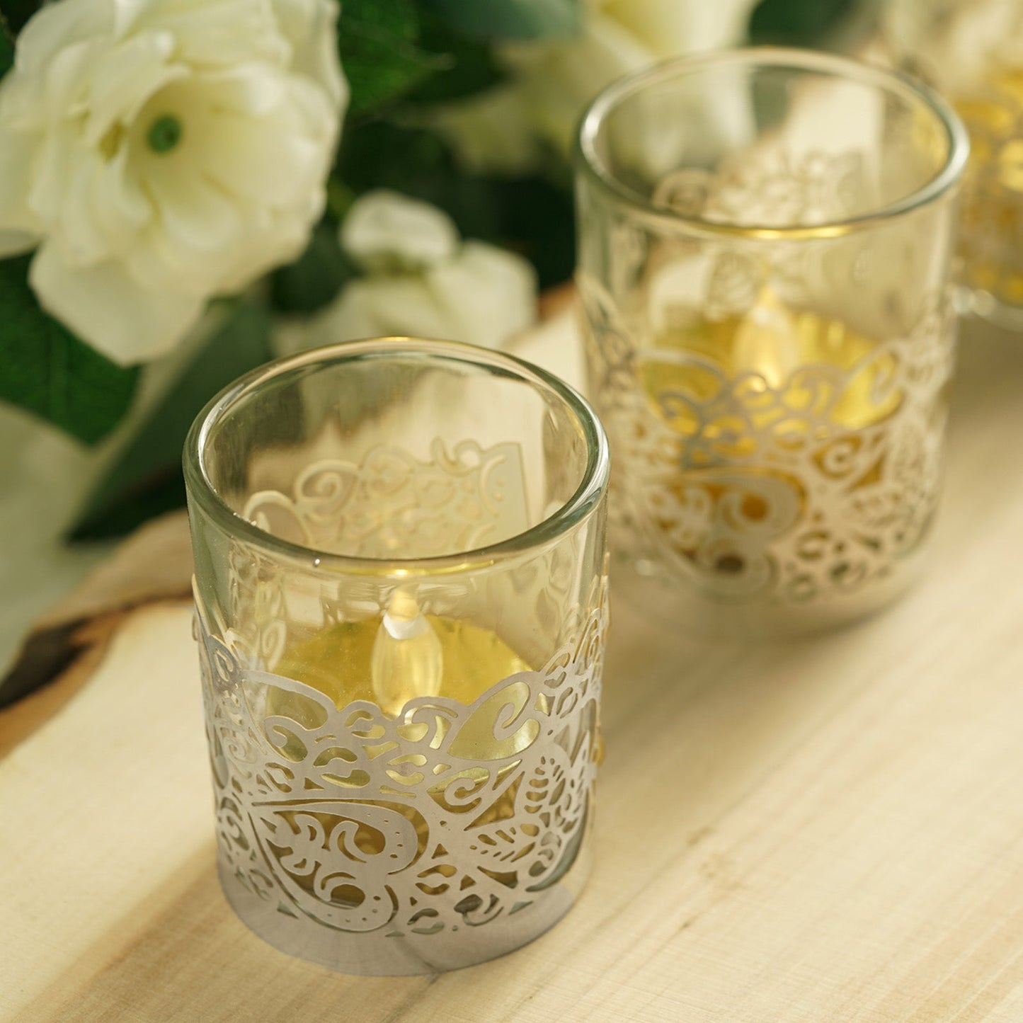 20 Pack | Silver Foil Paper Candle Wraps, Lace Votive Tealight Candle Holder Decoration