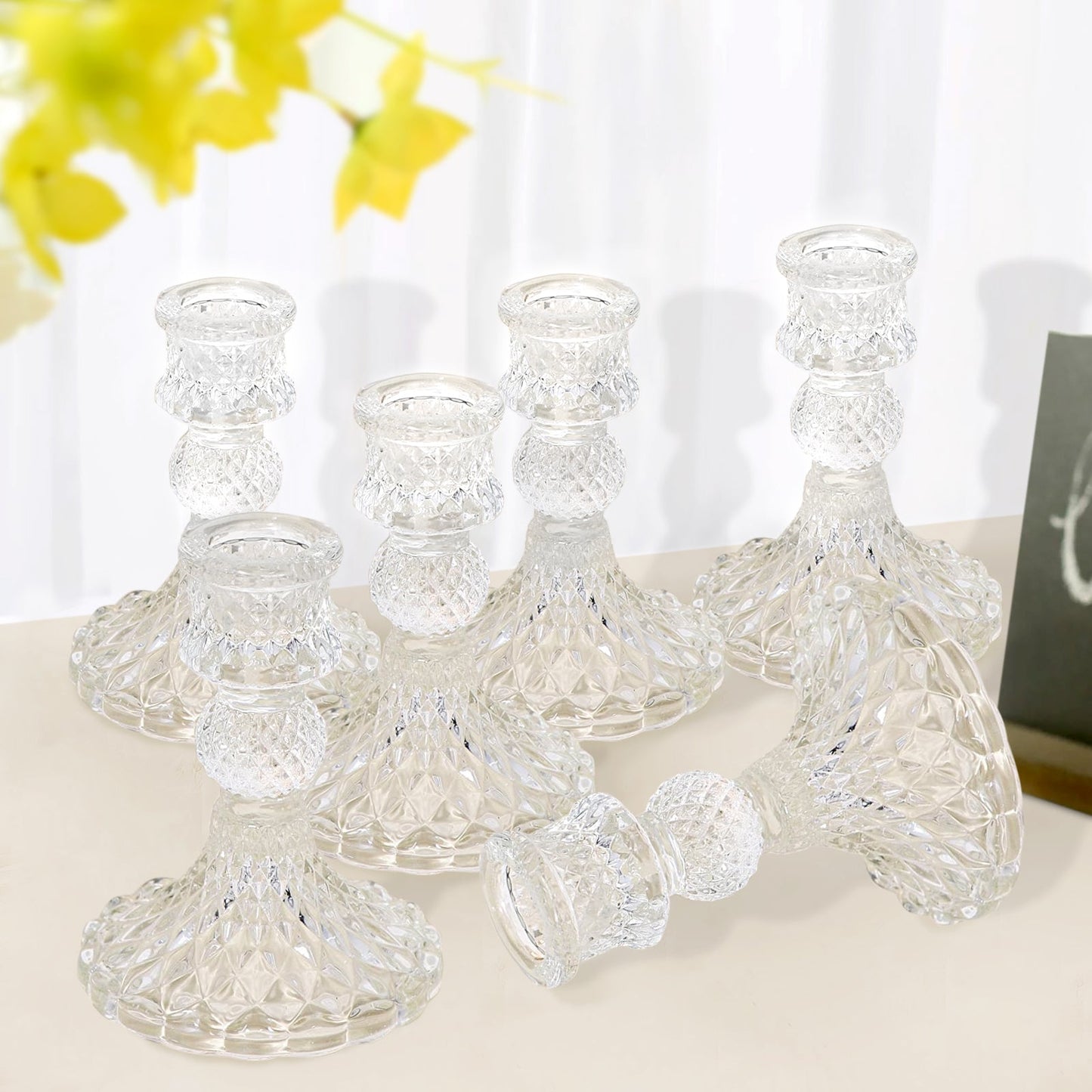 6 Pack | 4" Clear Glass Diamond Pattern Taper Candlestick Holders, Reversible Crystal Pillar Votive Candle Stands
