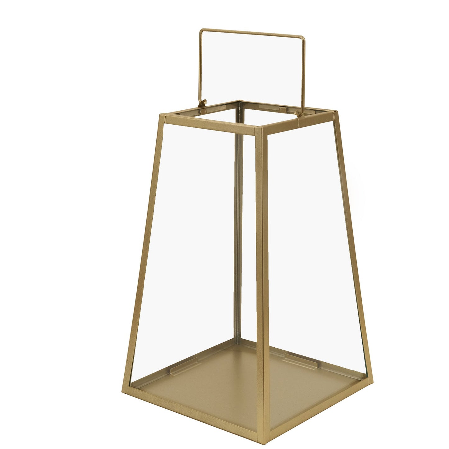 Gold geometric trapezoid metal candle lantern for indoor and outdoor decor.