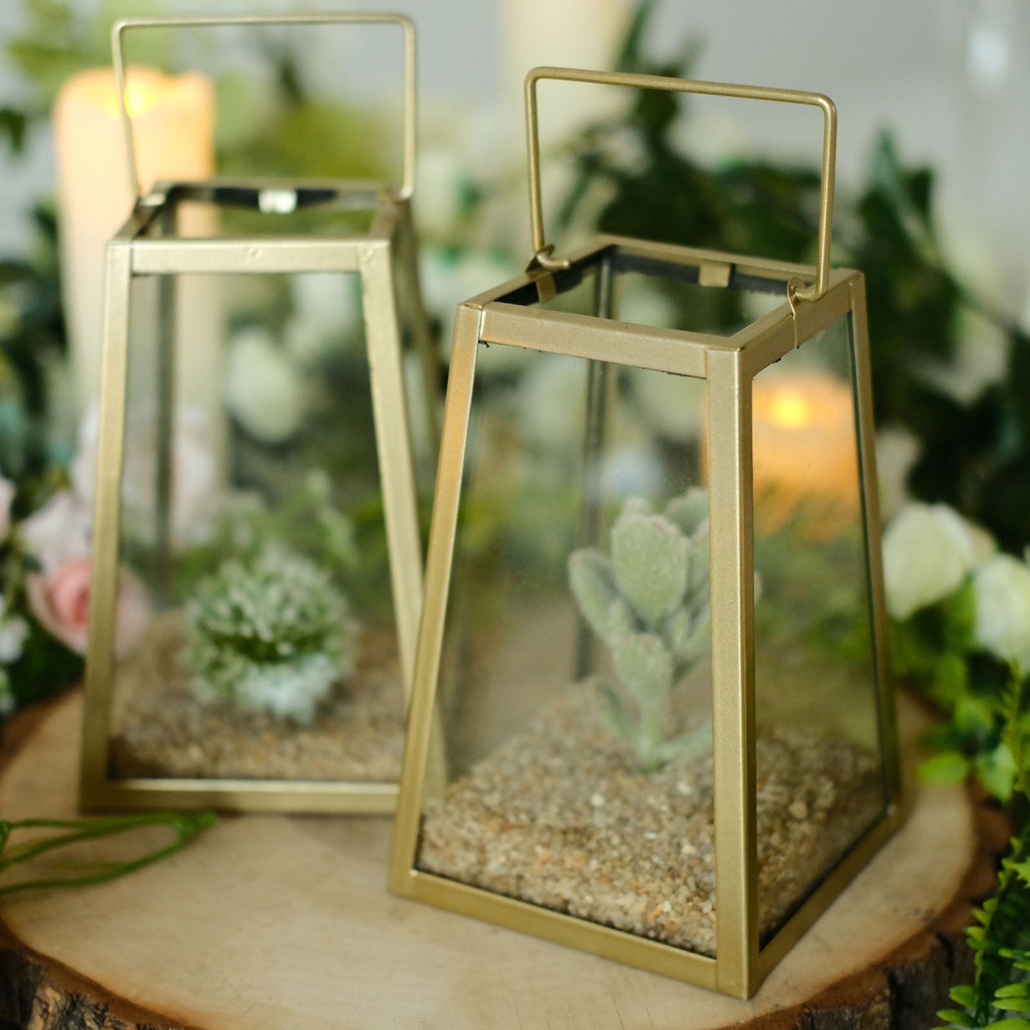 2 Pack Hanging Terrariums 6 Inch Gold Trapezoid Metal Geometric Candle Lanterns