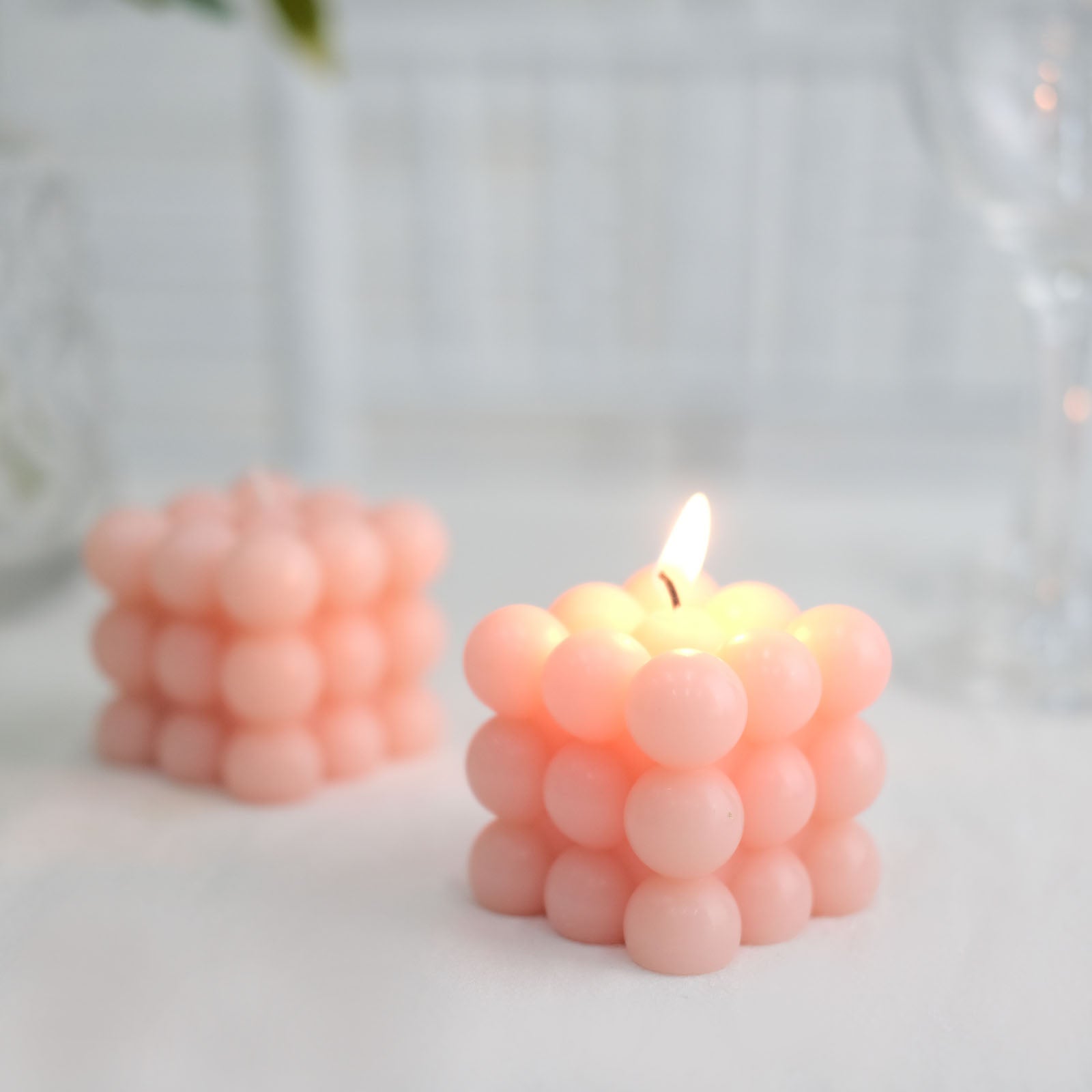 Blush bubble cube decorative paraffin wax candles, unscented and long-burning.