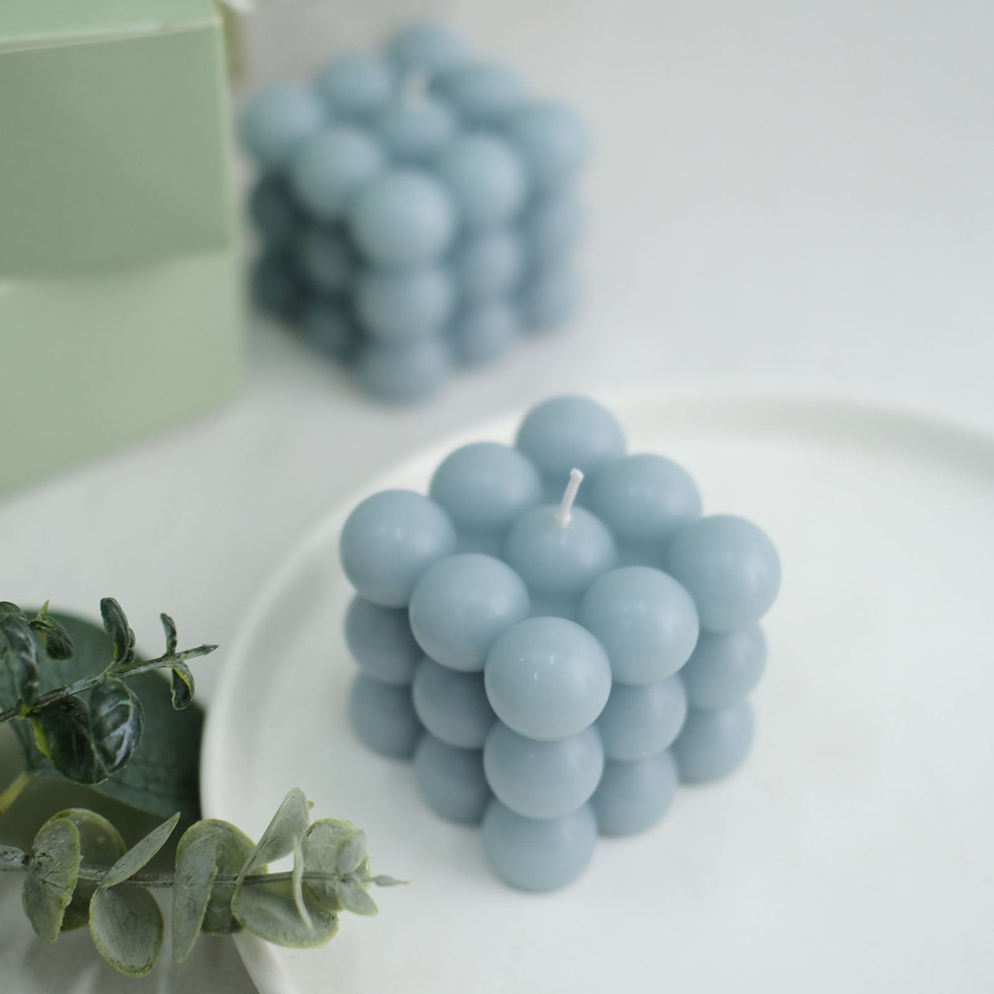 Dusty blue bubble cube decorative candle set, unscented and long-burning.