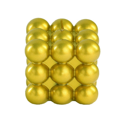 2" Metallic Gold Bubble Cube Decorative Candle Set, Unscented, Long Burning.