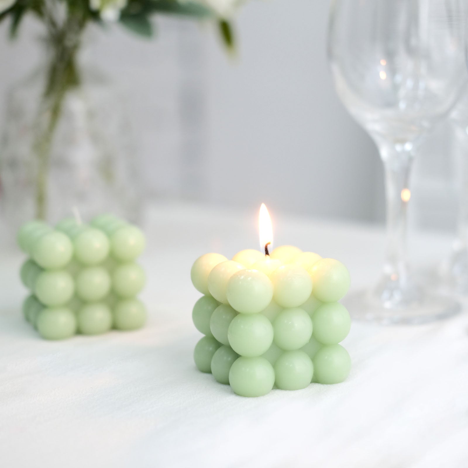 Sage green bubble cube decorative candle set, unscented and long-burning.