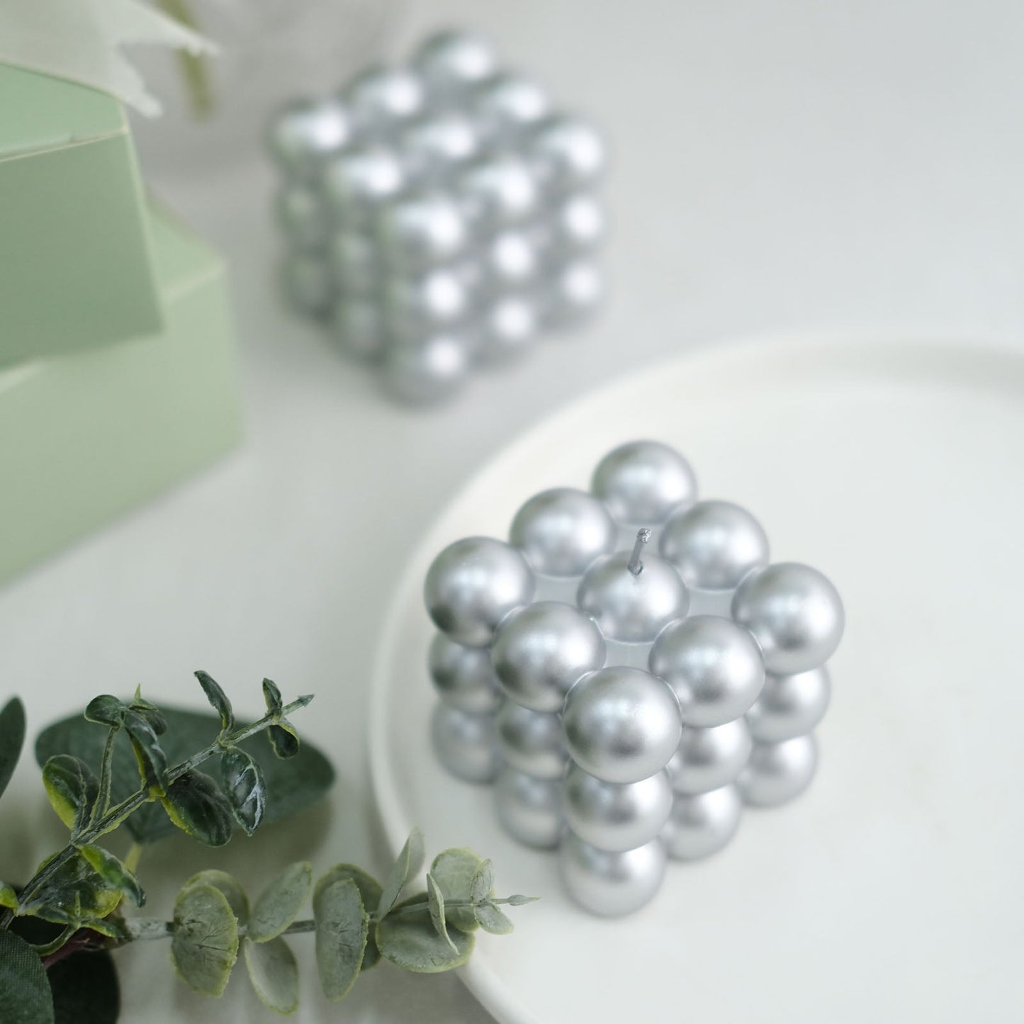 Metallic silver bubble cube decorative paraffin wax candles set.