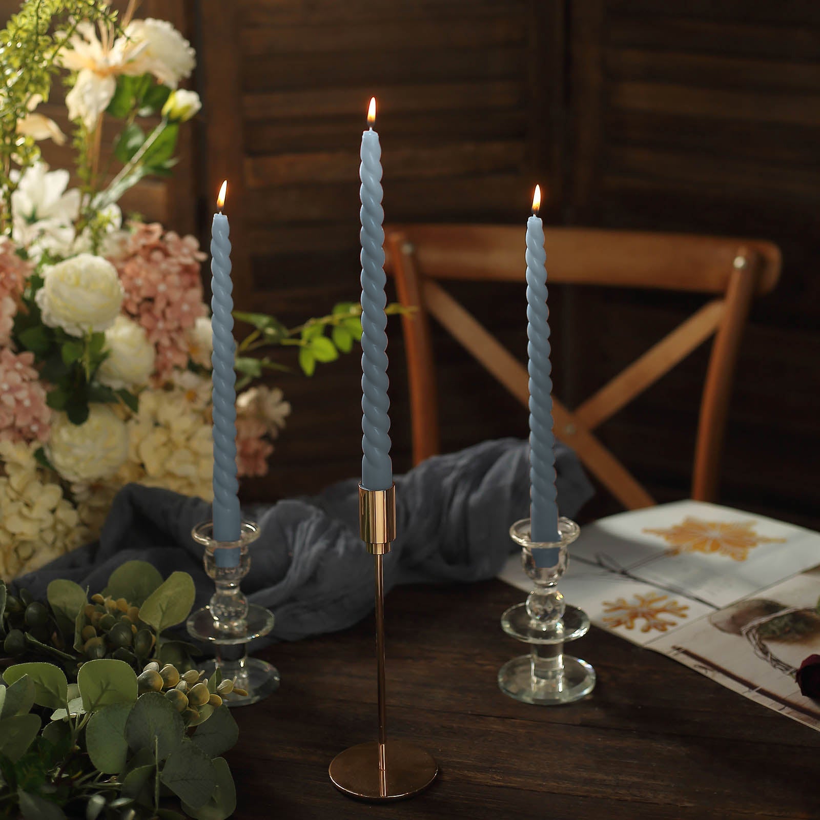 12 Pack | 11inch Dusty Blue Premium Spiral Long Burn Wick Taper Candles