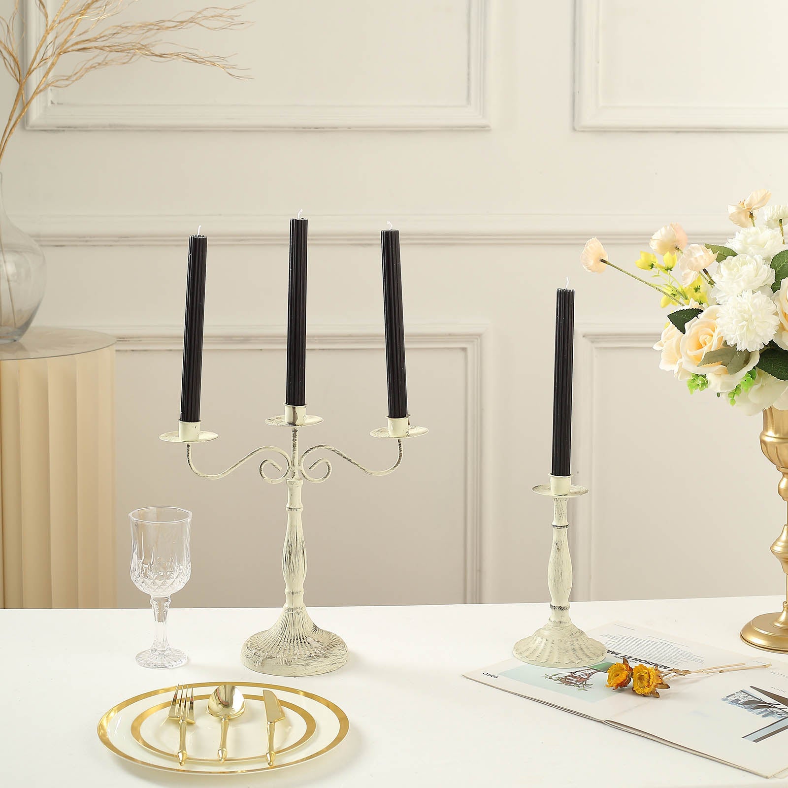 5 Pack | 9inch Black Premium Unscented Ribbed Wick Taper Candles