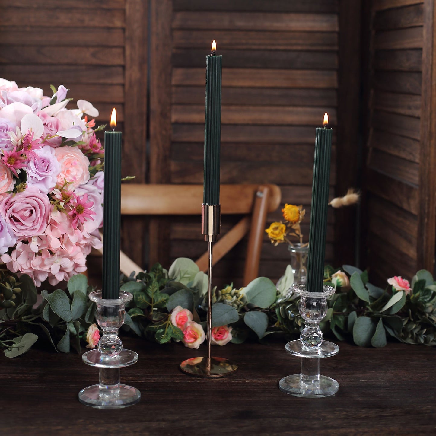 5 Pack | 9inch Hunter Emerald Green Premium Unscented Ribbed Wick Taper Candles