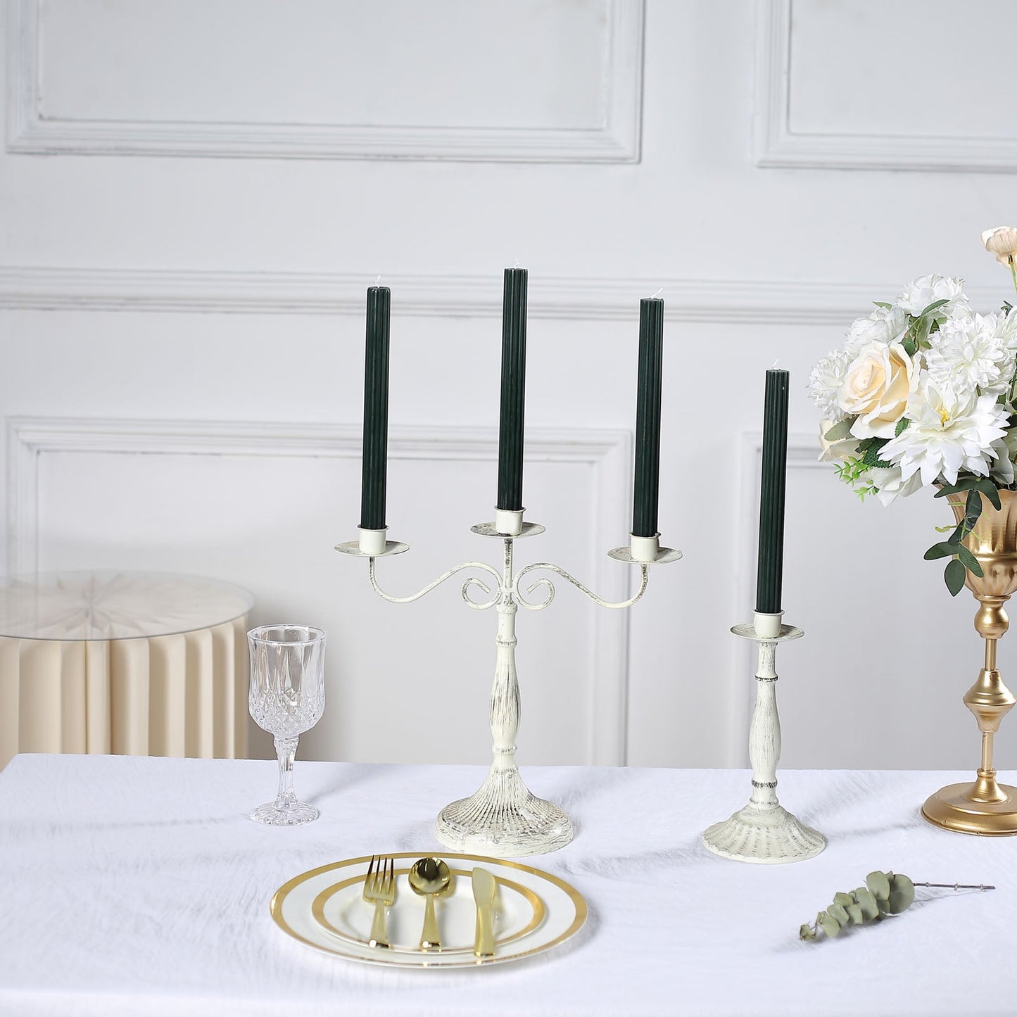 5 Pack | 9" Hunter Emerald Green Premium Unscented Ribbed Wax Taper Candles, Tall Real Wick Ribbon Dinner Candles