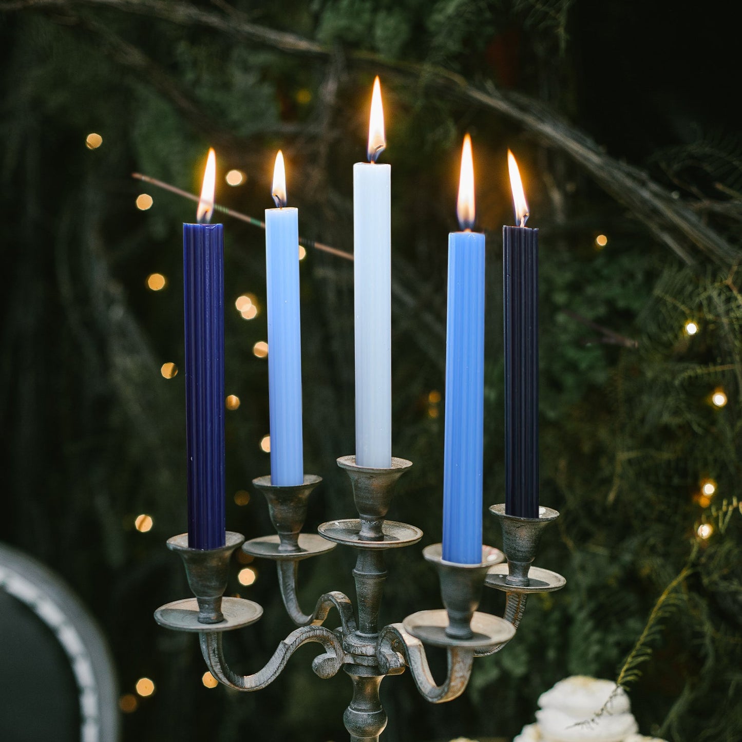 5 Pack | 9" Assorted Blue Premium Unscented Ribbed Wax Taper Candles, Tall Real Wick Ribbon Dinner Candles