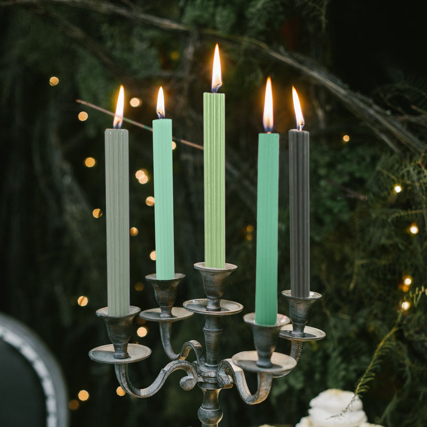 5 Pack | 9inch Assorted Green Premium Unscented Ribbed Wick Taper Candles