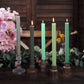 5 Pack | 9" Assorted Green Premium Unscented Ribbed Wax Taper Candles, Tall Real Wick Ribbon Dinner Candles