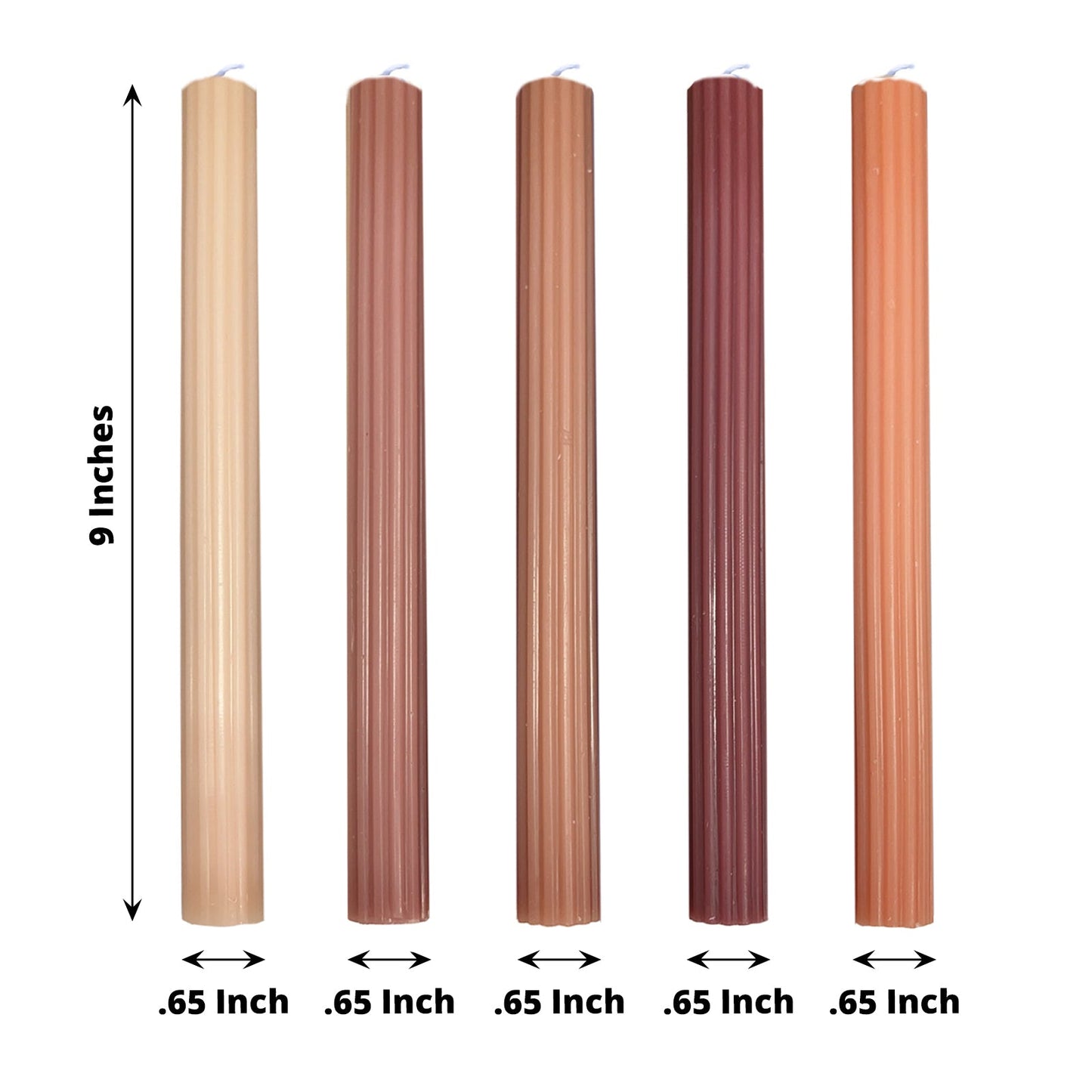 5 Pack | 9inch Assorted Natural Premium Unscented Ribbed Wick Taper Candles