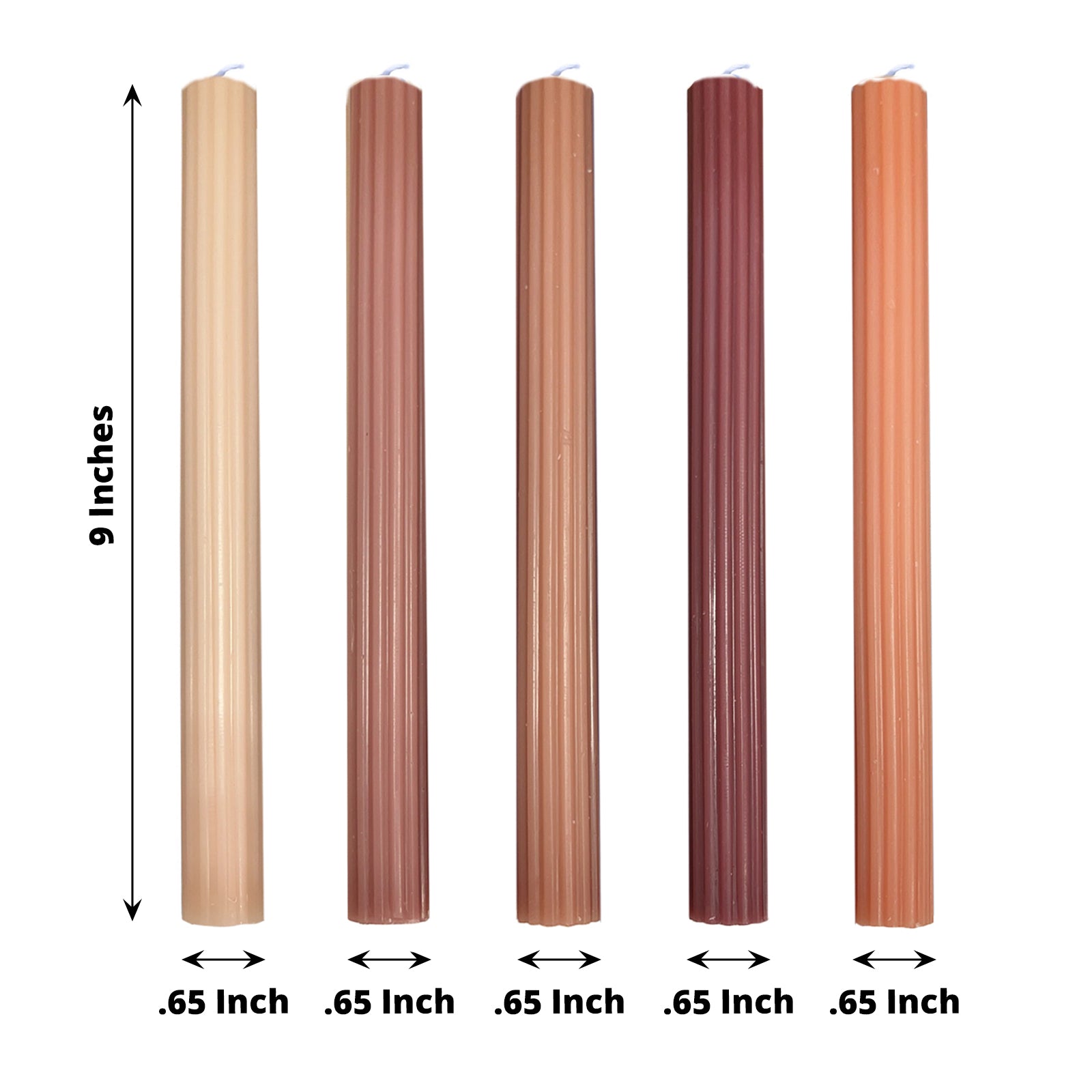 5 Pack | 9inch Assorted Natural Premium Unscented Ribbed Wick Taper Candles
