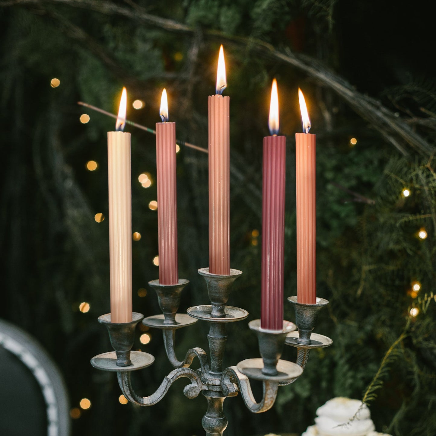 5 Pack | 9" Assorted Natural Premium Unscented Ribbed Wax Taper Candles, Tall Real Wick Ribbon Dinner Candles