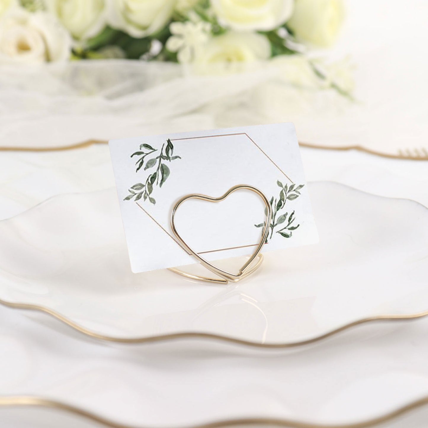 10 Pack | Gold Metal 1" Double Heart Card Holder Stands, Table Number Stands, Wedding Table Place Card Menu Clips