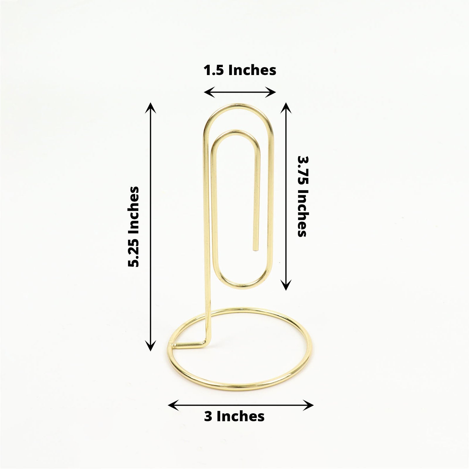 Gold metal paperclip card holder stand for table numbers and menus.