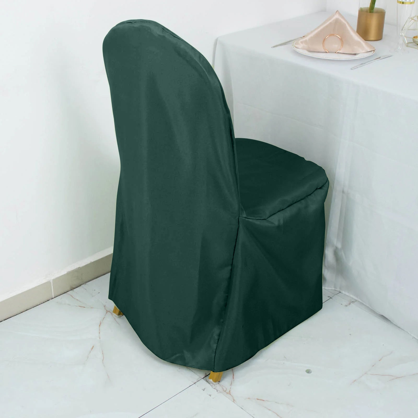 Hunter Emerald Green Polyester Banquet Chair Cover, Reusable Stain Resistant Chair Cover