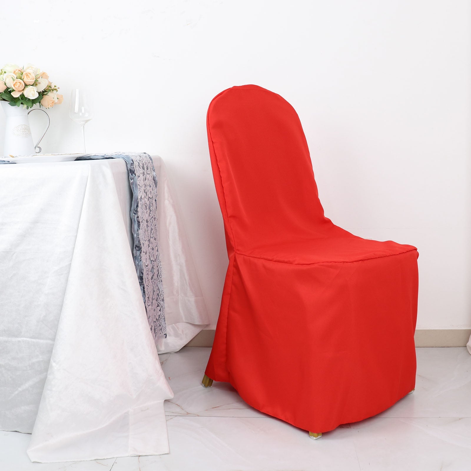 Red Polyester Banquet Chair Cover, Reusable Stain Resistant Chair Cover