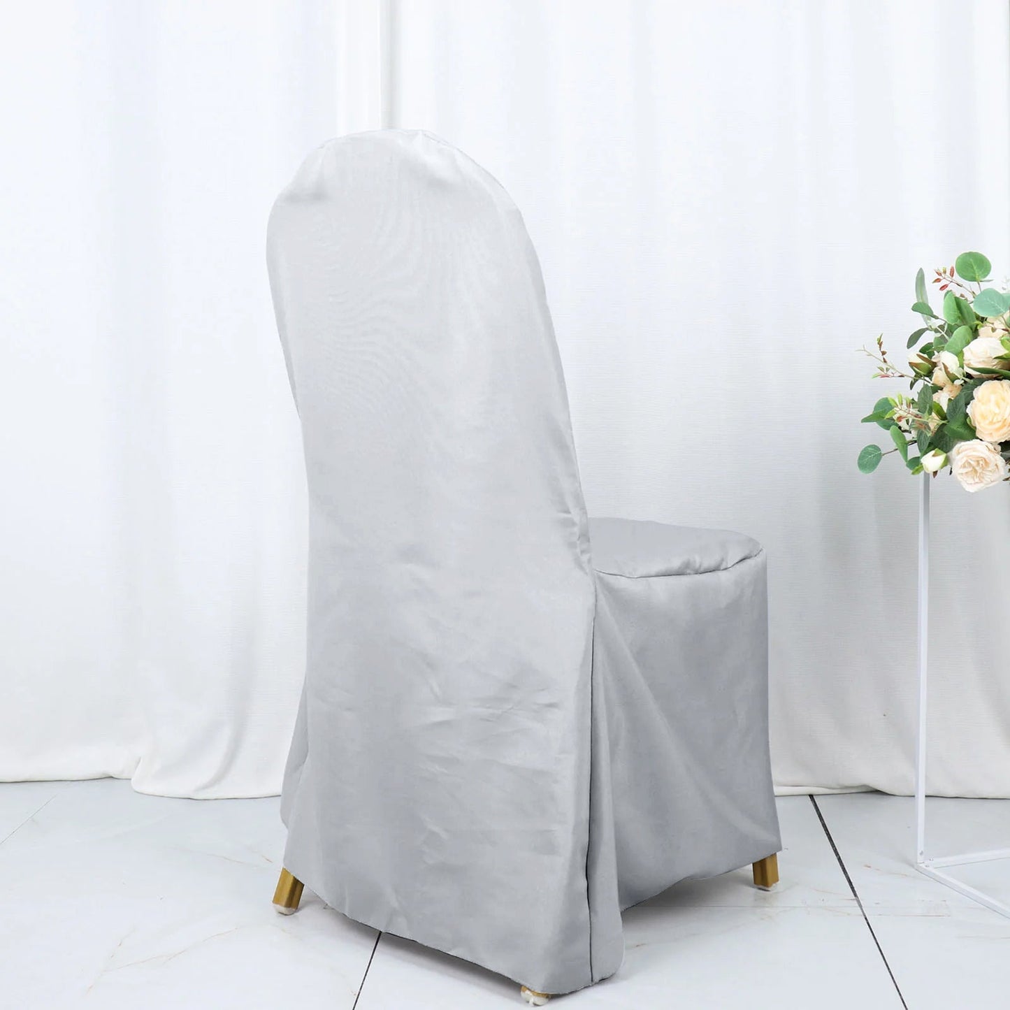 Silver Polyester Banquet Chair Cover, Reusable Stain Resistant Chair Cover