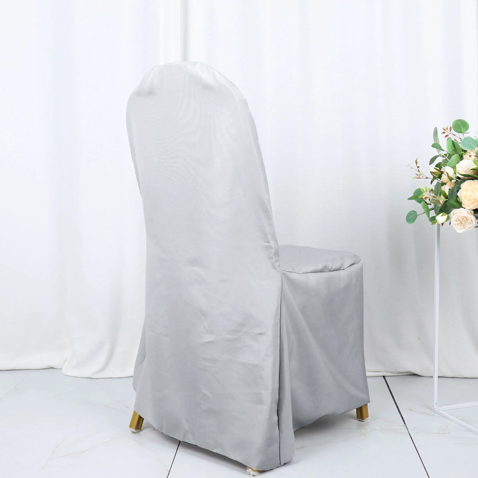 Silver Polyester Banquet Chair Cover, Reusable Stain Resistant Chair Cover