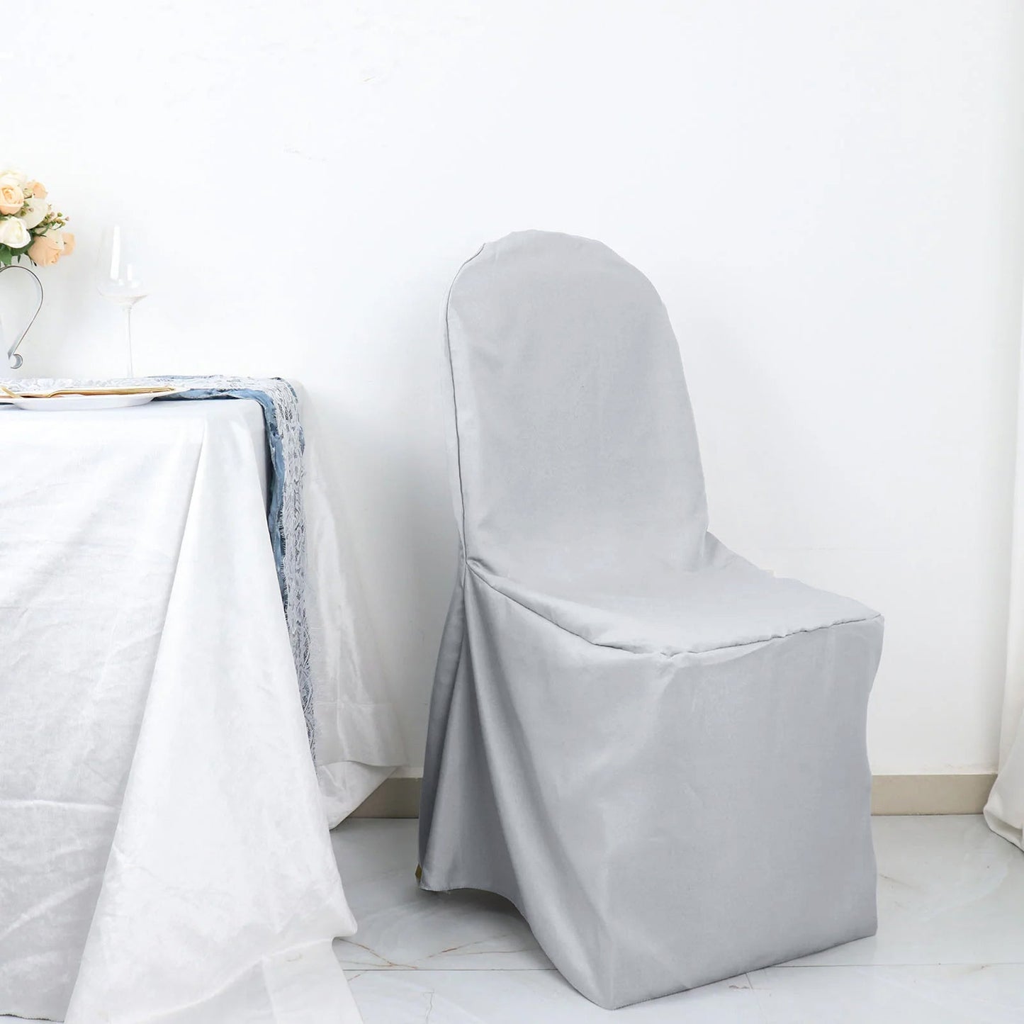 Silver Polyester Banquet Chair Cover, Reusable Stain Resistant Chair Cover