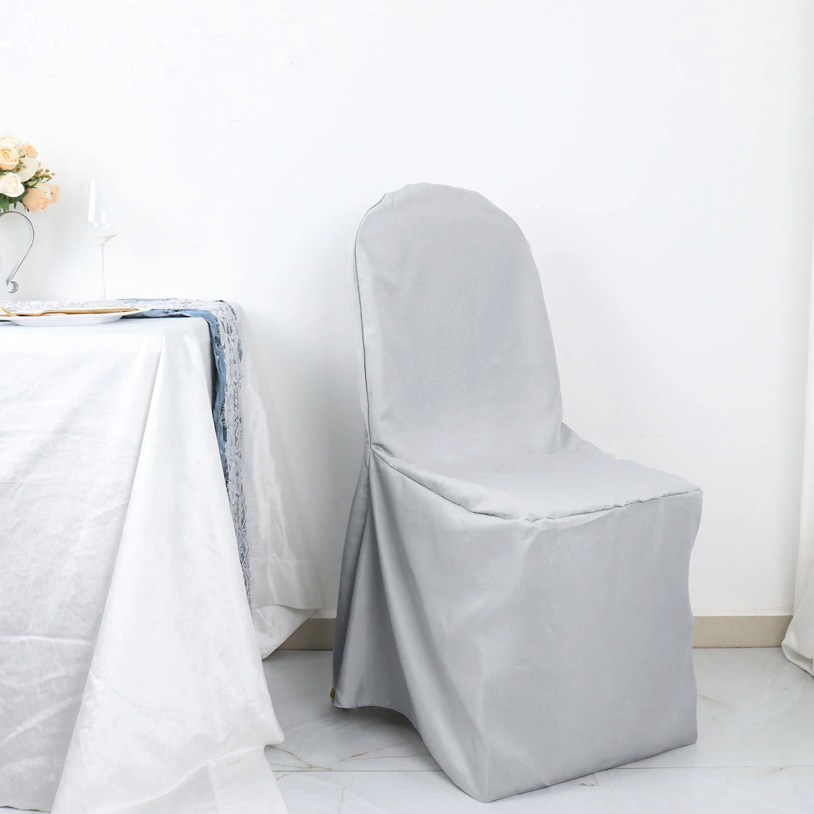 Silver Polyester Banquet Chair Cover, Reusable Stain Resistant Chair Cover