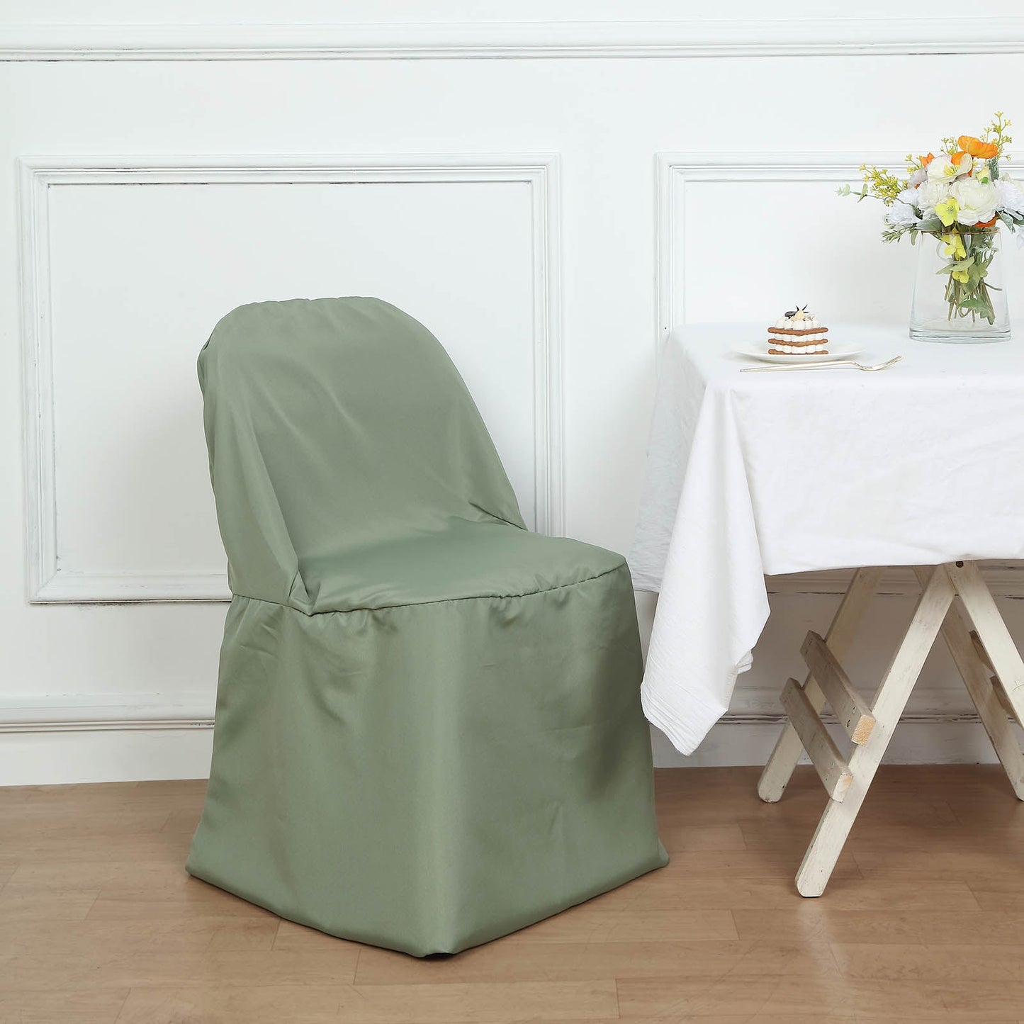 Eucalyptus Sage Green Polyester Folding Round Chair Cover, Reusable Stain Resistant Chair Cover