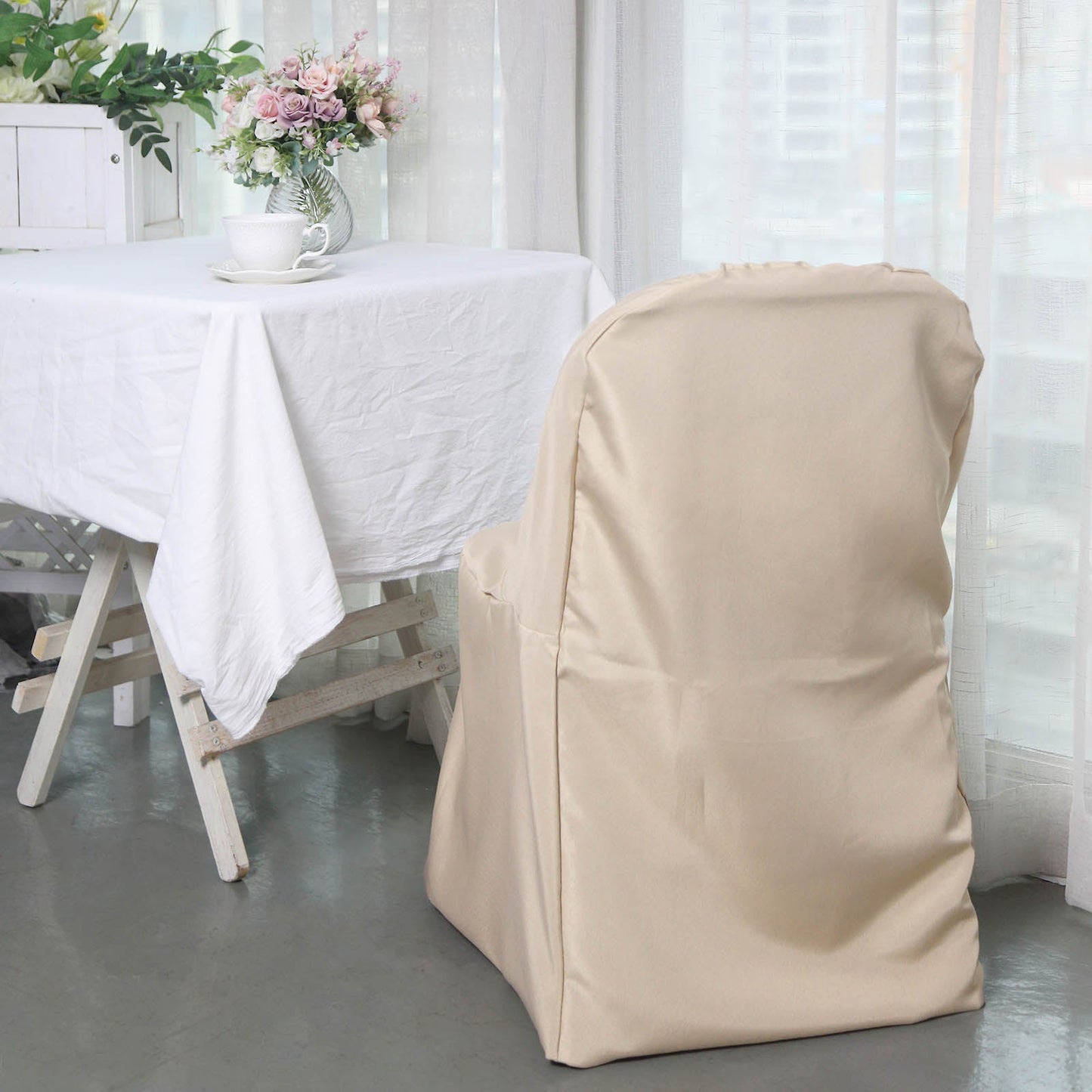 Nude Polyester Folding Round Chair Cover, Reusable Stain Resistant Chair Cover