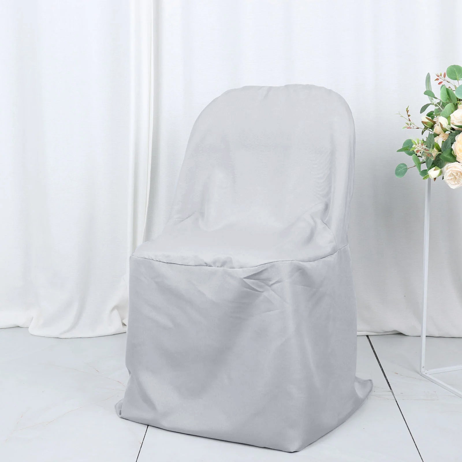 Silver Polyester Folding Round Chair Cover, Reusable Stain Resistant Chair Cover