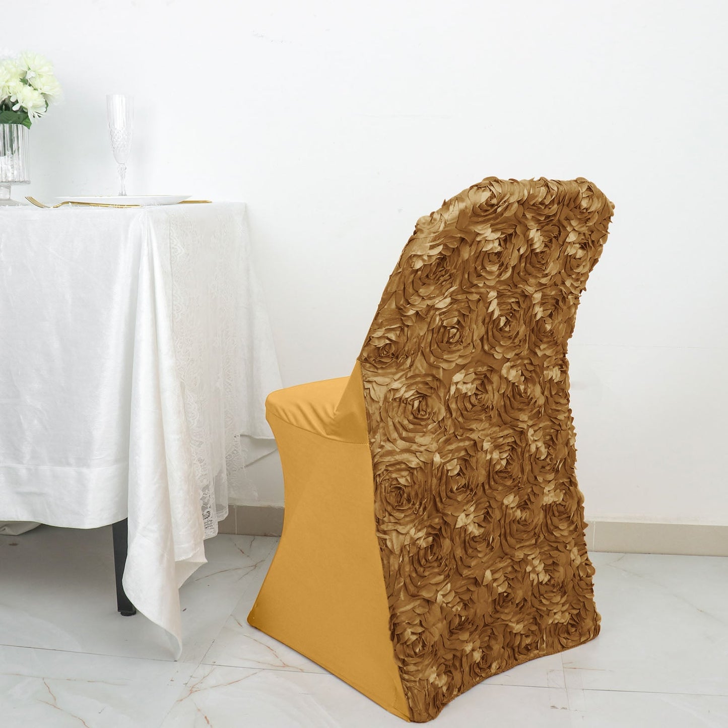 Gold Satin Rosette Spandex Stretch Fitted Folding Chair Cover