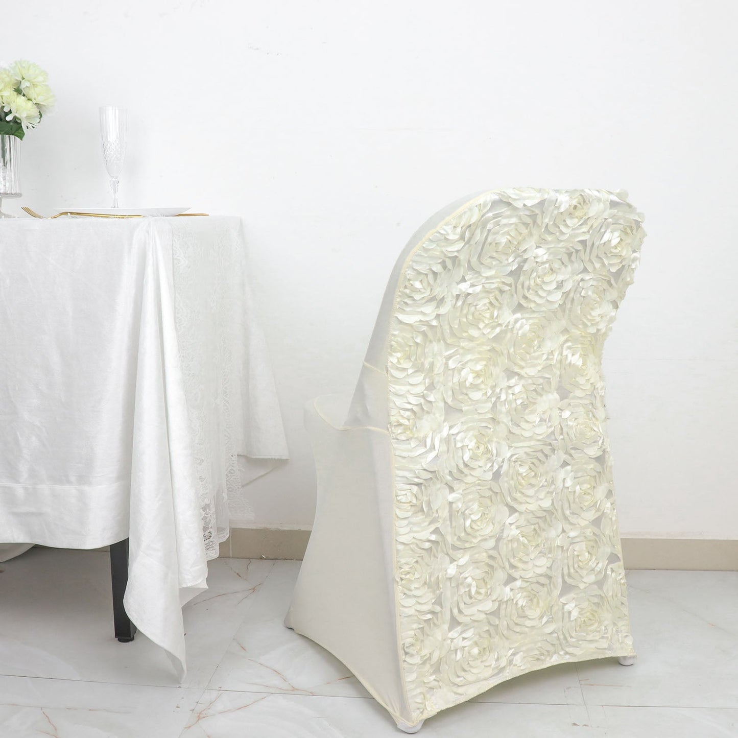 Ivory Satin Rosette Spandex Stretch Fitted Folding Chair Cover