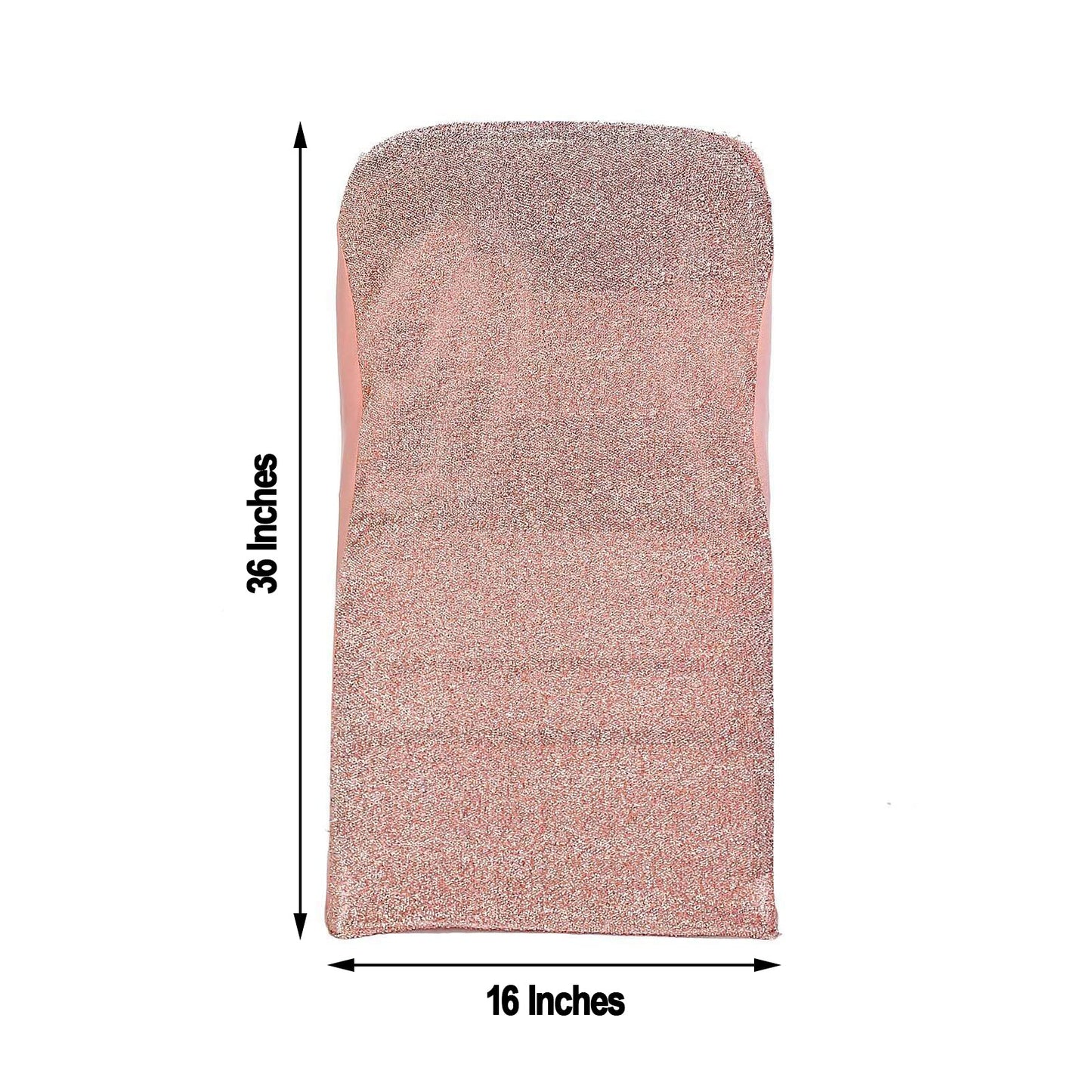 Fitted Blush Rose Gold Spandex Stretch Folding Chair Covers with Metallic Shimmer Tinsel Back