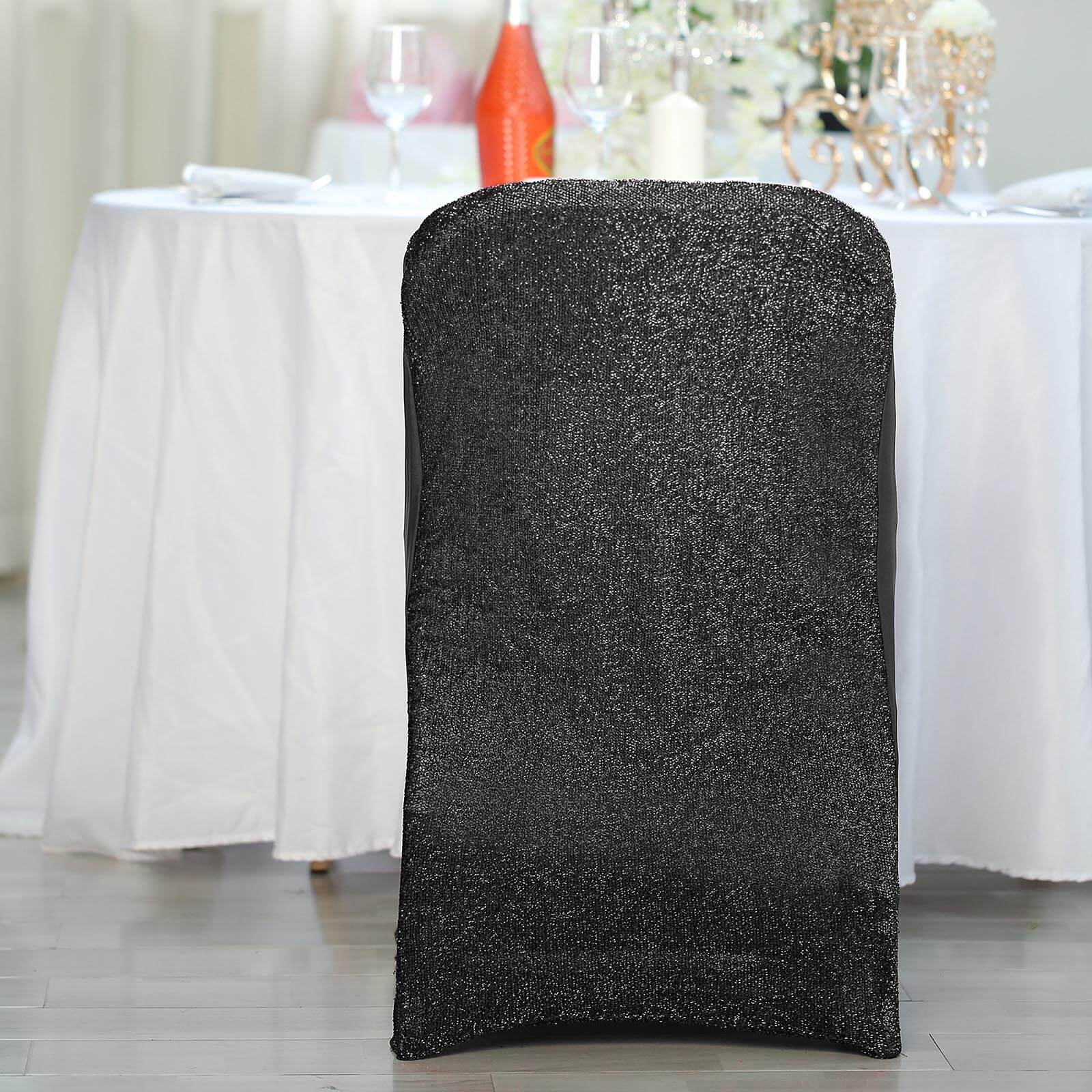 Black Spandex Stretch Folding Chair Cover, Fitted Chair Cover with Metallic Shimmer Tinsel Back