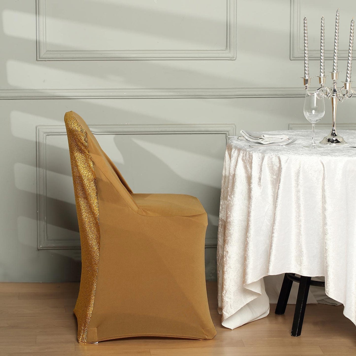 Gold Spandex Stretch Folding Chair Cover, Fitted Chair Cover with Metallic Shimmer Tinsel Back