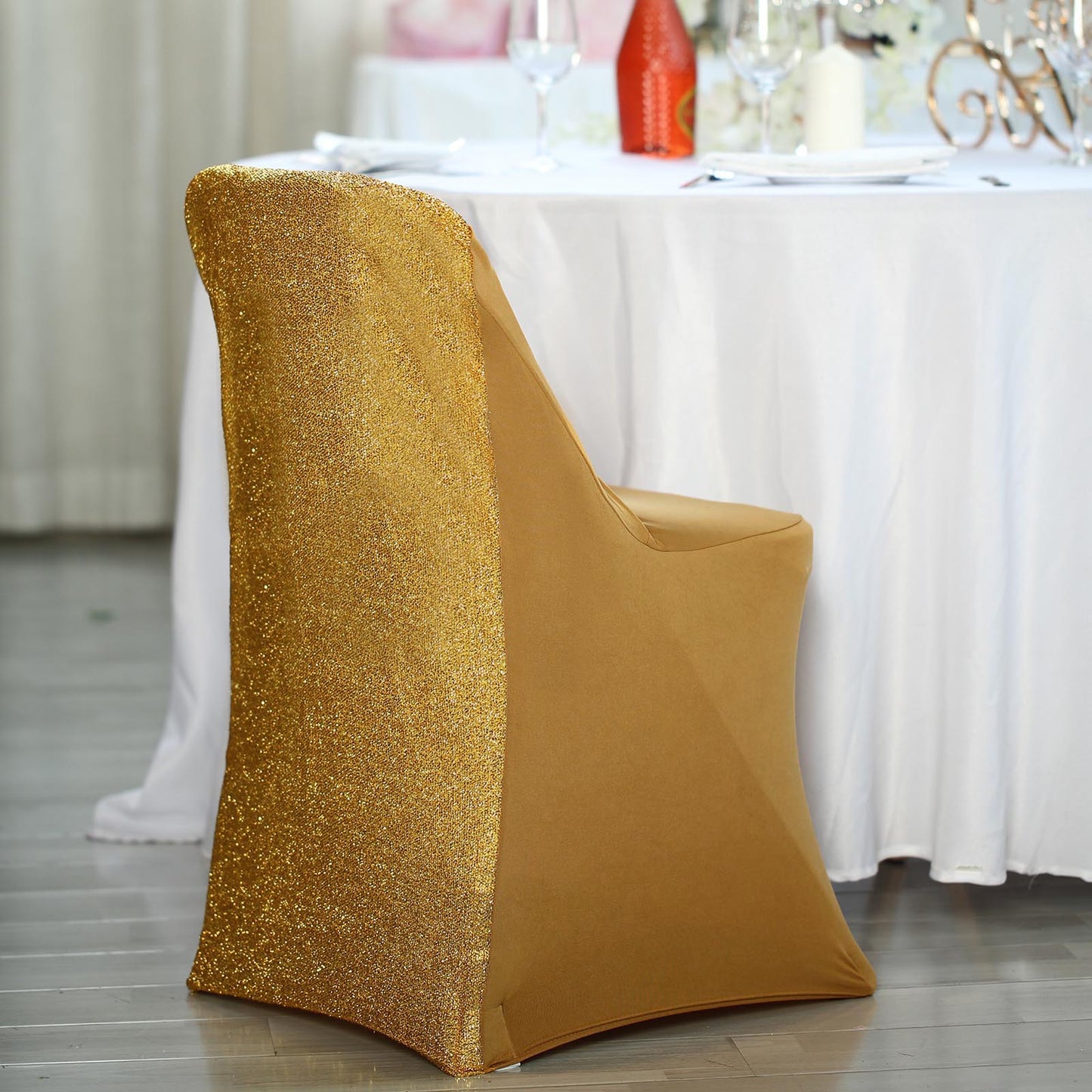 Gold Spandex Stretch Folding Chair Cover, Fitted Chair Cover with Metallic Shimmer Tinsel Back