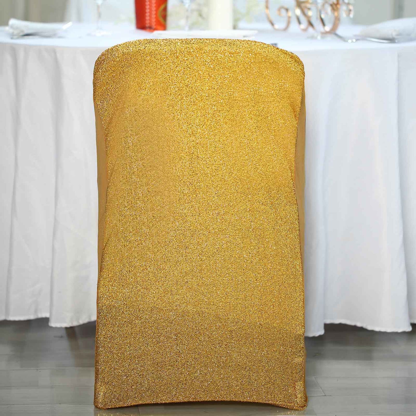 Gold Spandex Stretch Folding Chair Cover, Fitted Chair Cover with Metallic Shimmer Tinsel Back