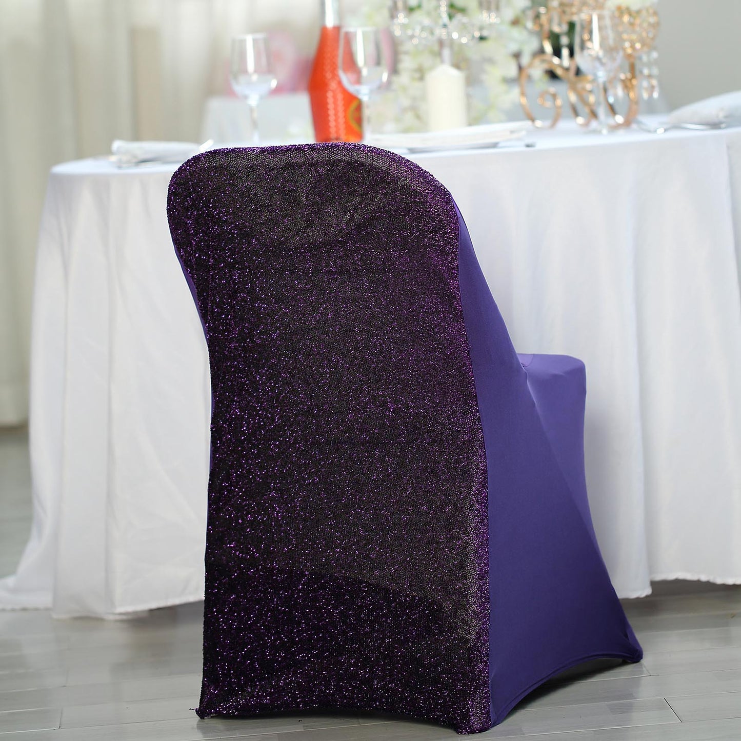 Purple Spandex Stretch Folding Chair Cover, Fitted Chair Cover with Metallic Shimmer Tinsel Back