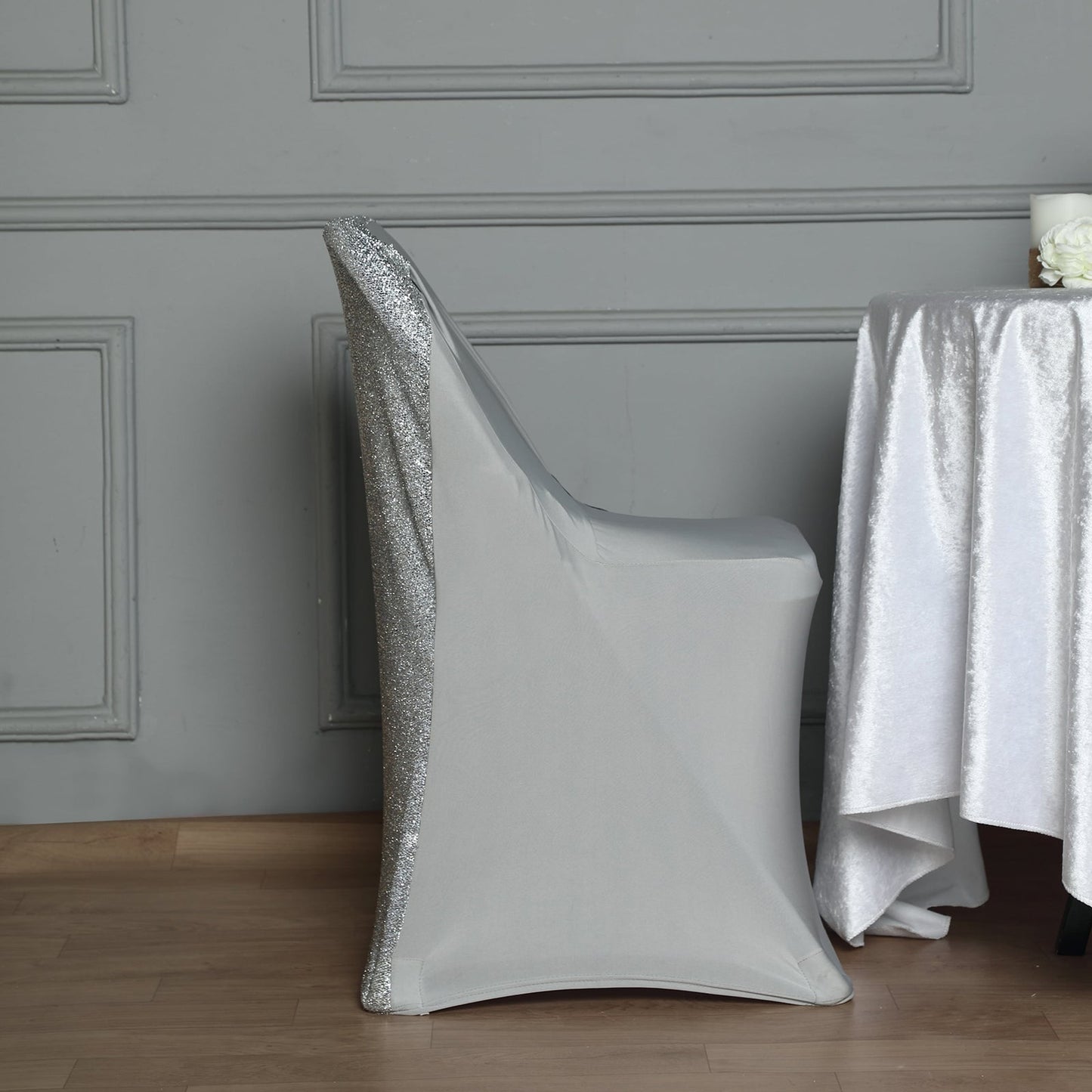 Metallic Shimmer Tinsel Back Silver Spandex Stretch Fitted Folding Chair Covers