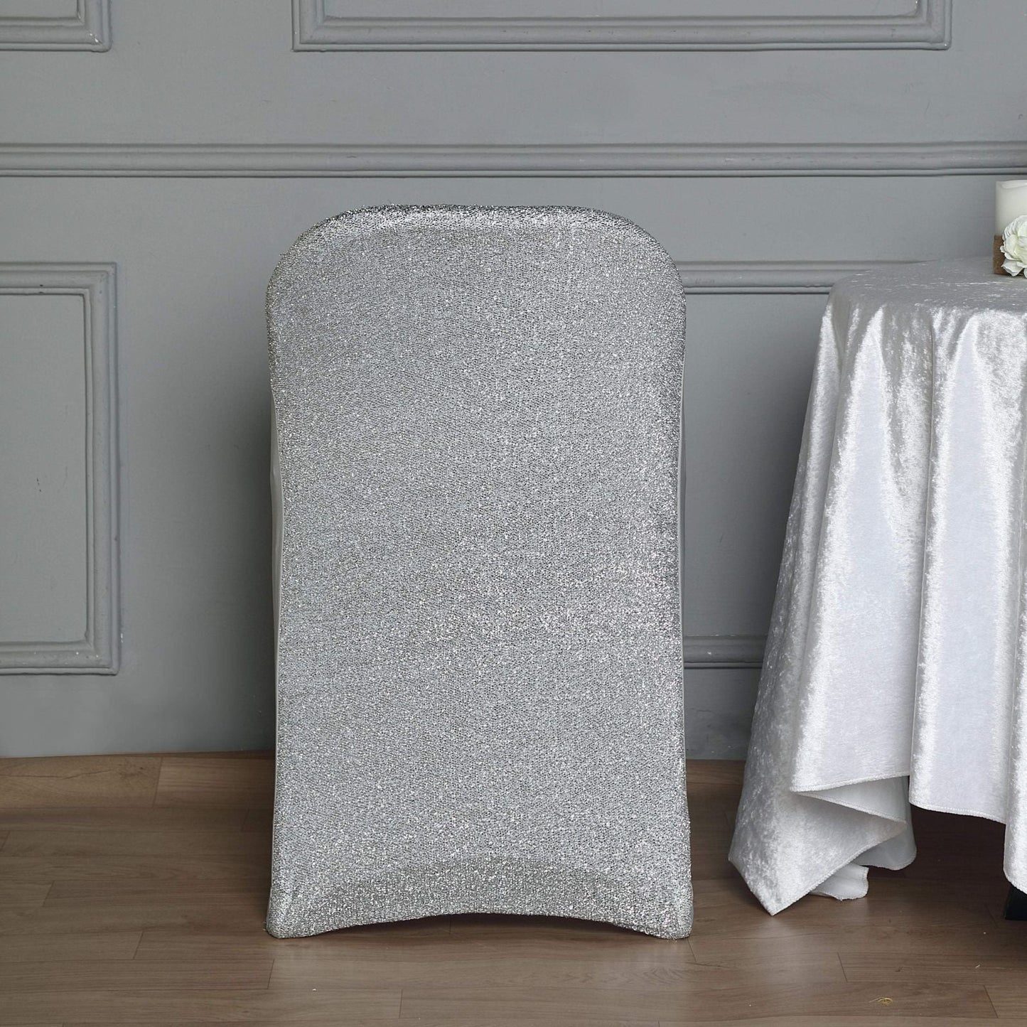 Silver Fitted Spandex Stretch Folding Chair Covers with Metallic Shimmer Tinsel Back