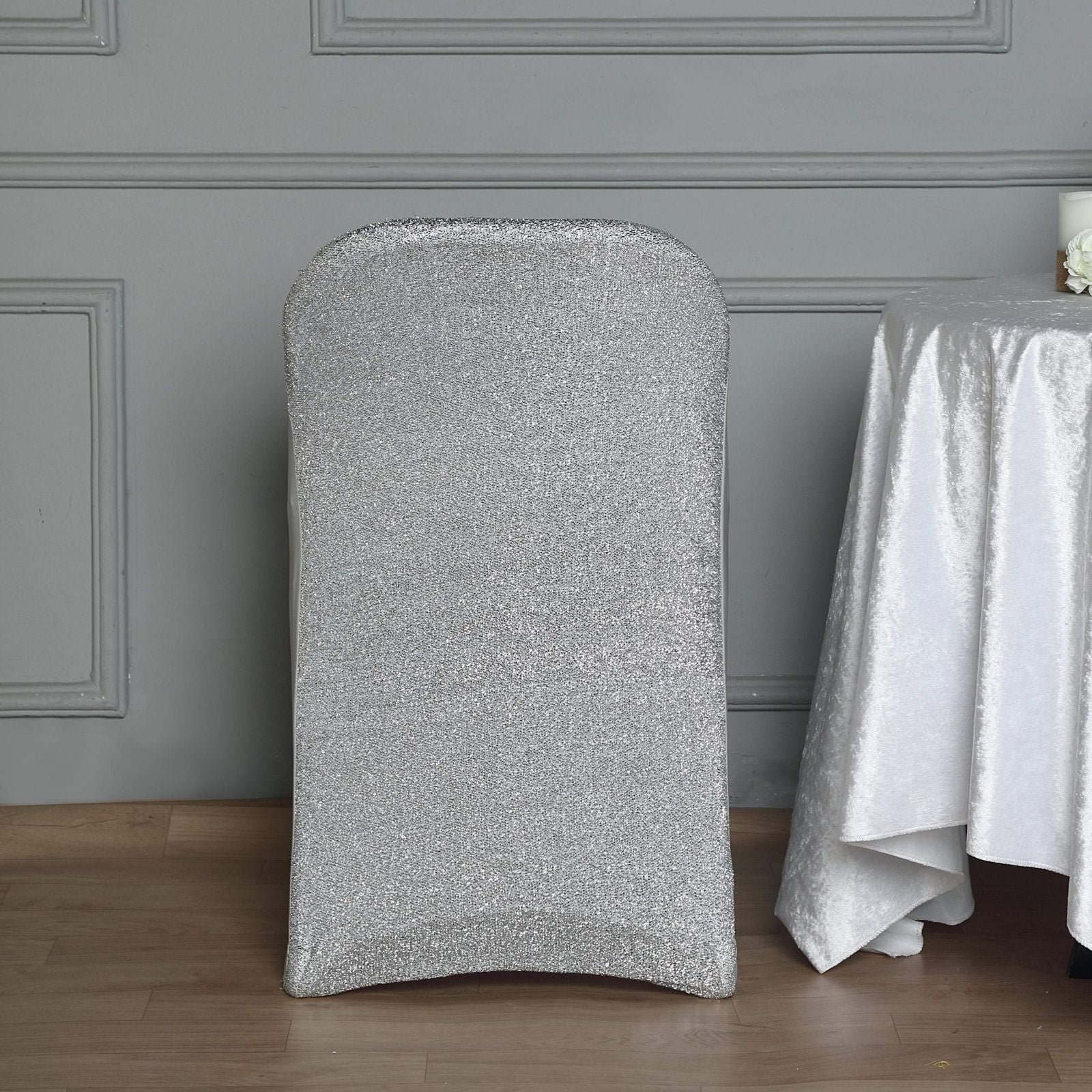 Silver Fitted Spandex Stretch Folding Chair Covers with Metallic Shimmer Tinsel Back