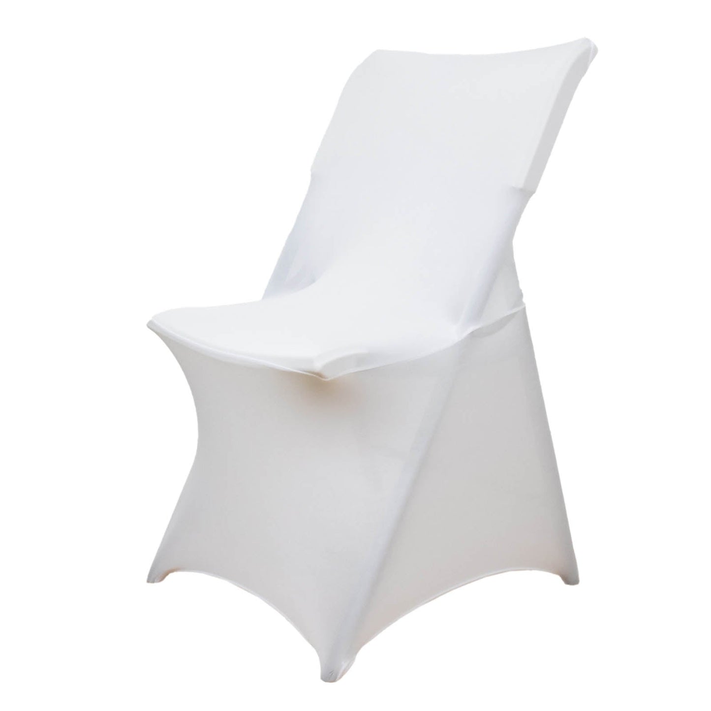 White fitted spandex chair cover with foot pockets.