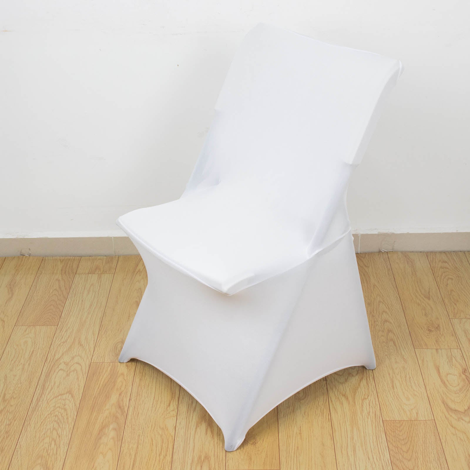 White fitted spandex folding chair cover with foot pockets.