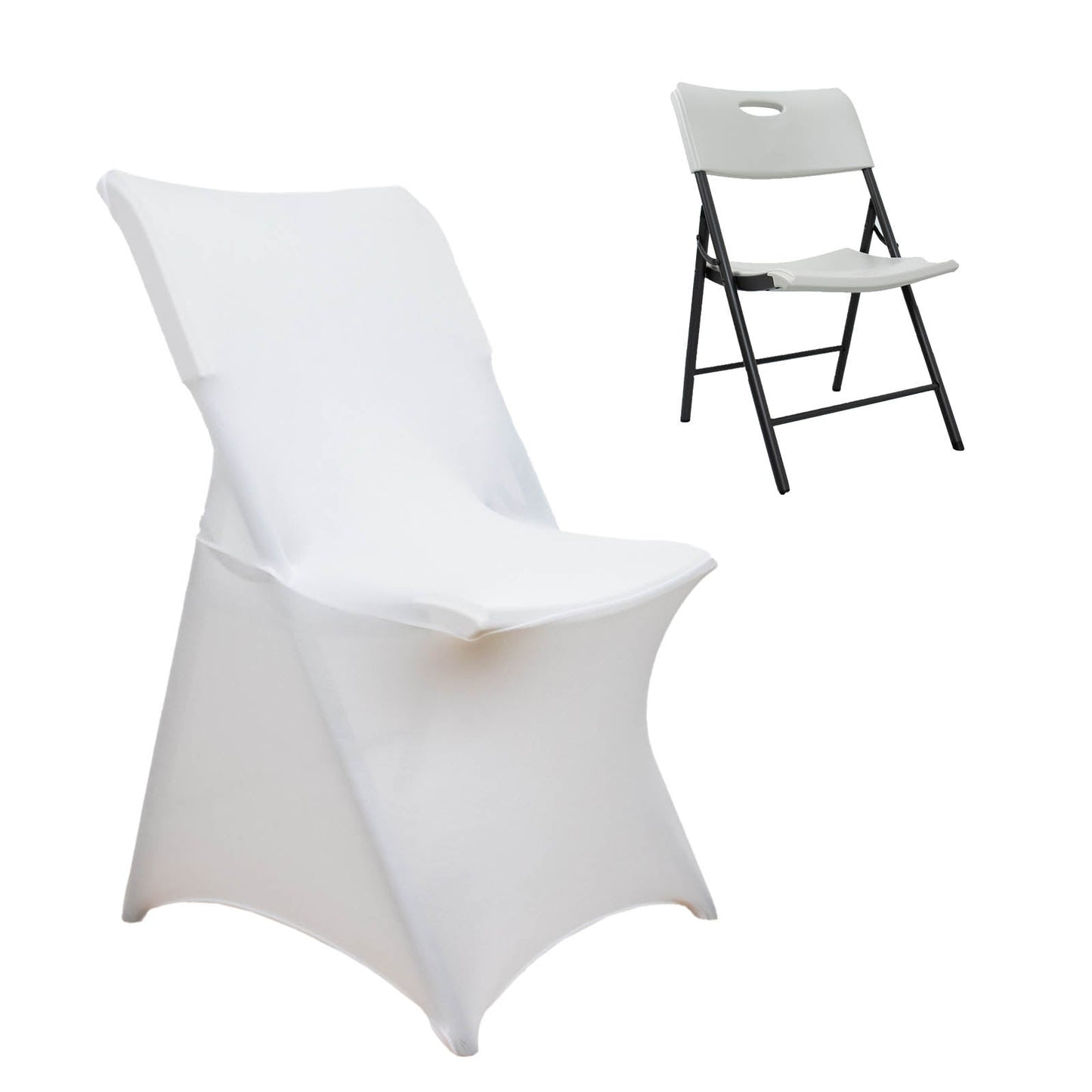 White fitted spandex folding chair cover with foot pockets.