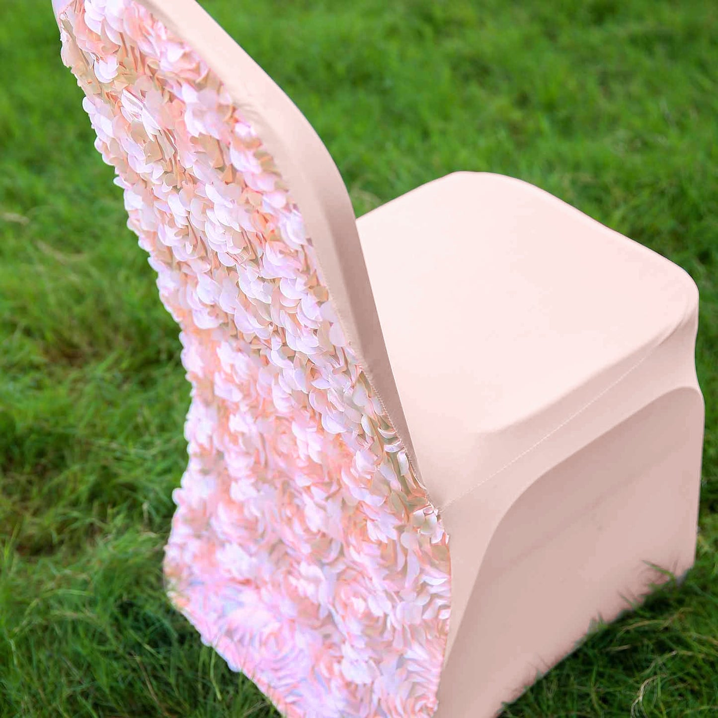 Blush/Rose Gold Satin Rosette Spandex Stretch Banquet Chair Cover, Fitted Chair Cover