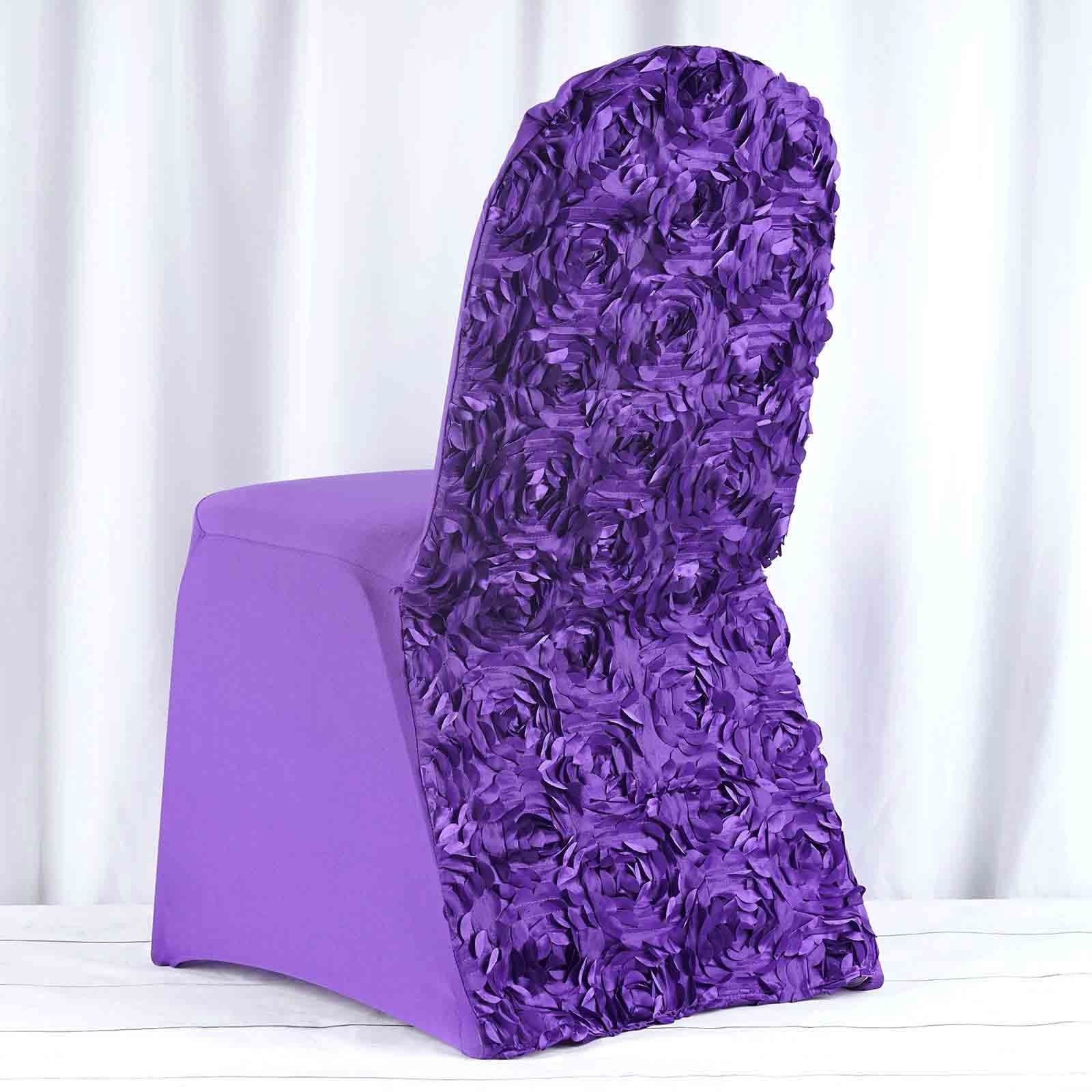 Purple Satin Rosette Spandex Stretch Banquet Chair Cover, Fitted Chair Cover