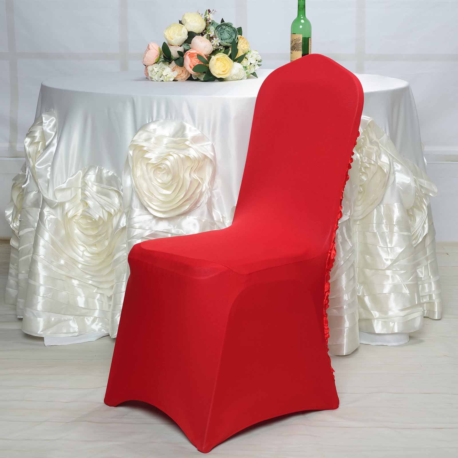 Red Satin Rosette Spandex Stretch Banquet Chair Cover, Fitted Chair Cover