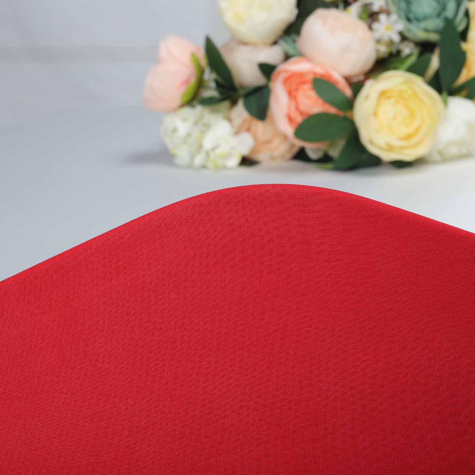 Red Satin Rosette Spandex Stretch Banquet Chair Cover, Fitted Chair Cover