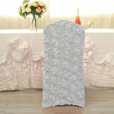 Elegant Design of the Silver Satin Rosette Chair Cover