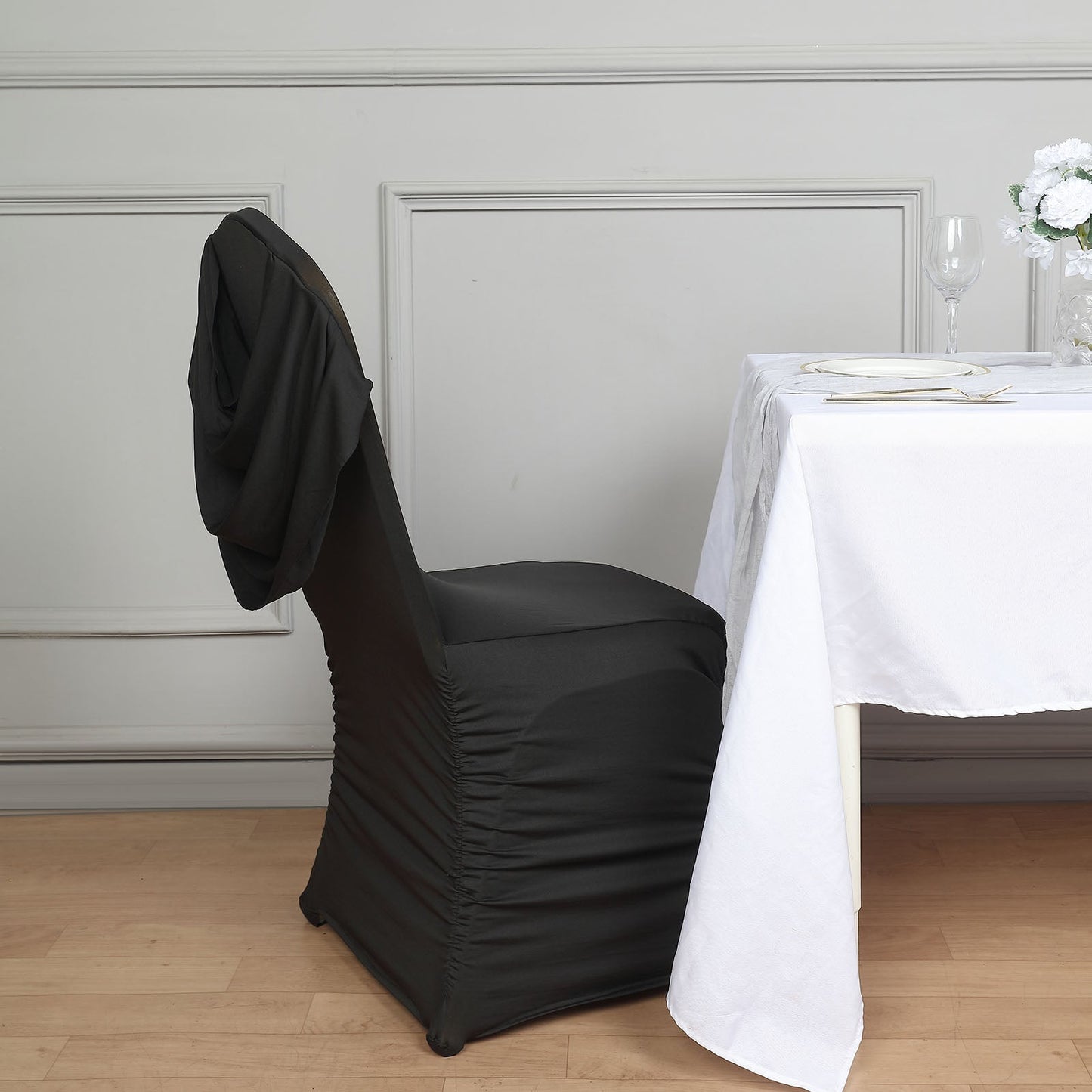 Black Ruched Swag Back Spandex Fitted Banquet Chair Cover